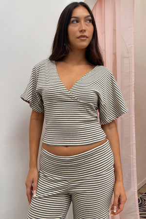 Catch Up Grey and Cream Stripe Cross Front Fitted Top