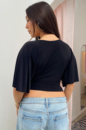 Every Single Night Black Plunge Neck Short Sleeve Top
