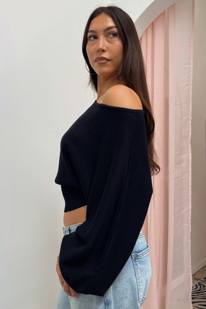 Delphine Black Off the Shoulder Sweater Top