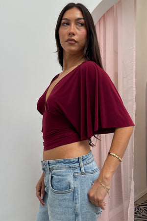 Every Single Night Burgundy Plunge Neck Short Sleeve Top