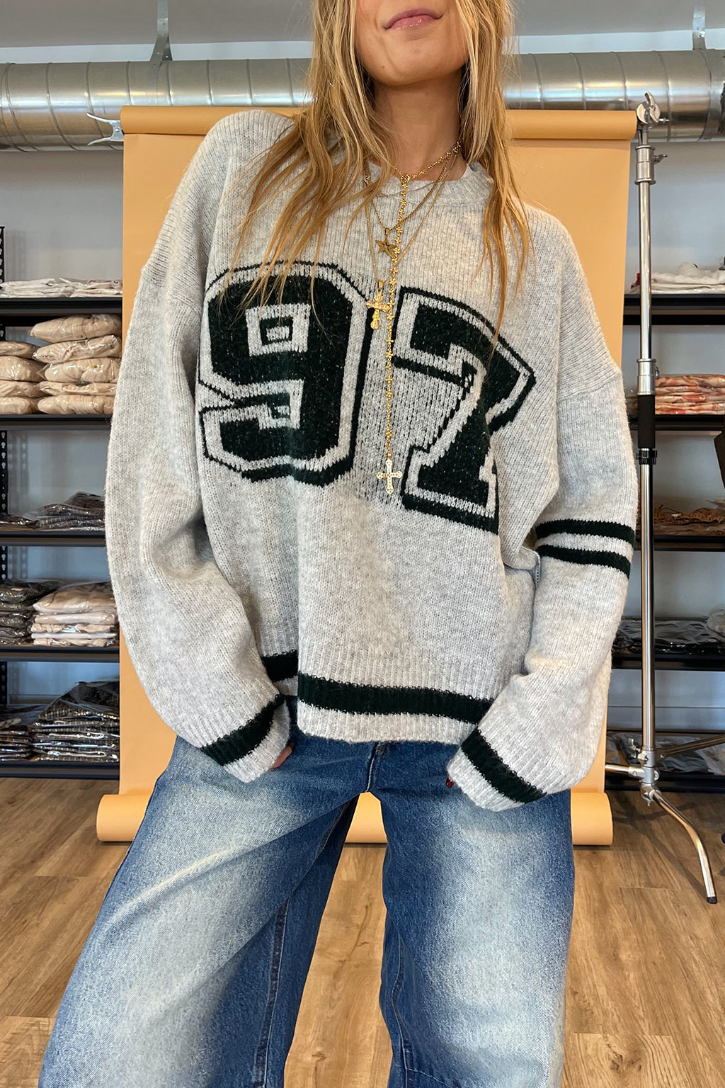 97 Light Grey with Forest Green Contrast Sweater