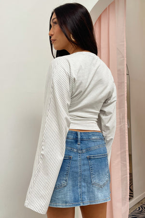 Unbelievable White with Grey Pinstripe Fitted Long Sleeve Top