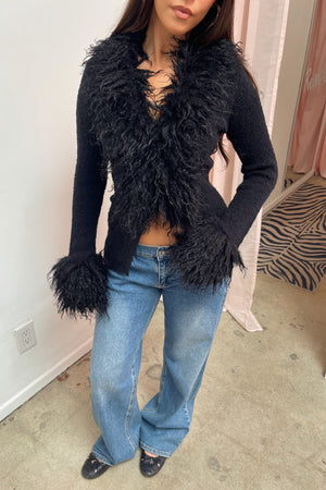 Old Hollywood Black Fur Trim Cardigan