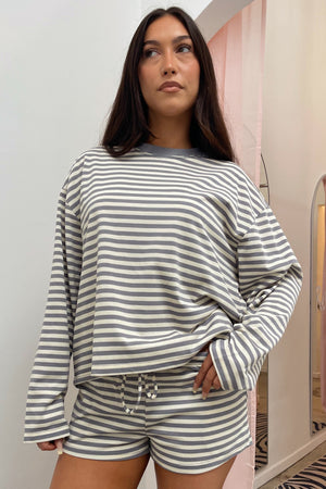 Right Now Grey and Cream Stripe Mini Shorts