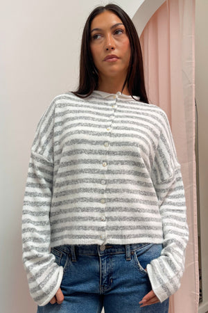 Blythe Heather Grey and White Stripe Button Up Cardigan