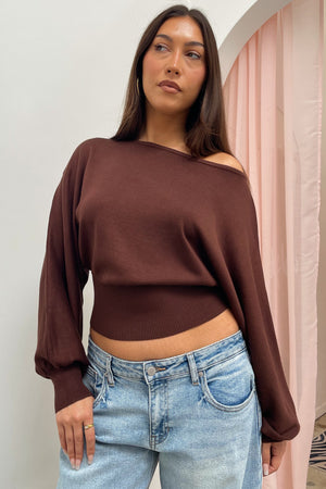 Delphine Brown Off the Shoulder Sweater Top