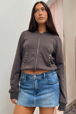 Running Late Charcoal with Silver Stud Zip Up Hoodie