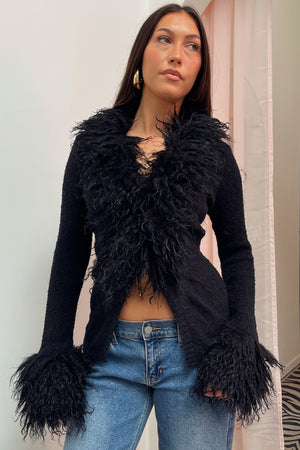 Old Hollywood Black Fur Trim Cardigan