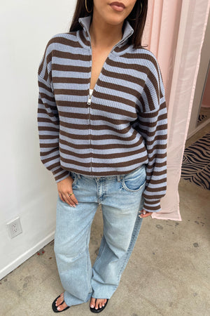 Zodiac Sign Blue and Brown Stripe Knit Zip Up Sweater