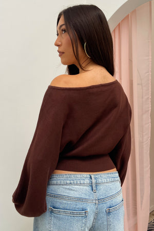 Delphine Brown Off the Shoulder Sweater Top
