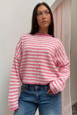 Blythe Pink and Cream Stripe Button Up Cardigan