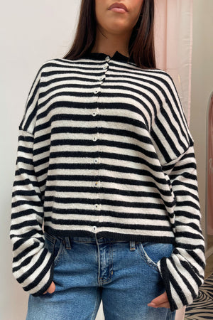 Blythe Black and Cream Stripe Button Up Cardigan