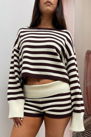 Staying In Brown and Cream Stripe Knit Sweater Top