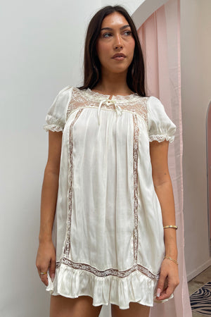 Valentina Cream Satin Short Sleeve Mini Dress