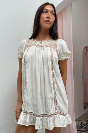 Valentina Cream Satin Short Sleeve Mini Dress