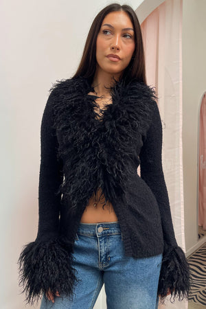 Old Hollywood Black Fur Trim Cardigan