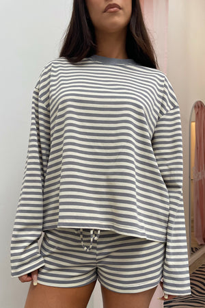 Right Now Grey and Cream Stripe Long Sleeve Top