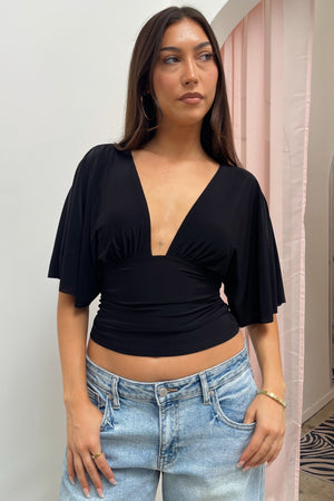 Every Single Night Black Plunge Neck Short Sleeve Top