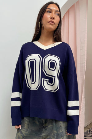 09 Navy and Cream Varsity Style V-Neck Sweater