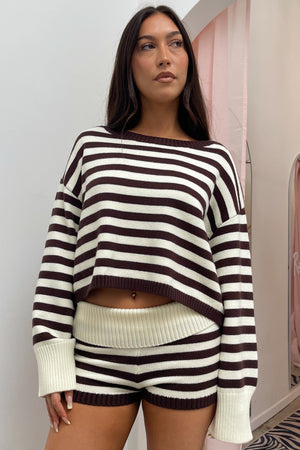 Staying In Brown and Cream Stripe Knit Sweater Top