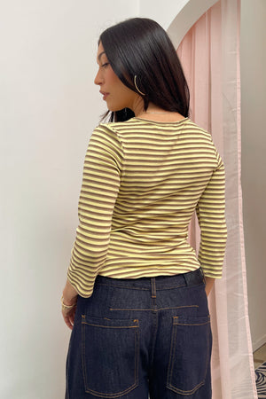 Daisy Chain Yellow Tan and Brown Stripe 3/4 Sleeve Top