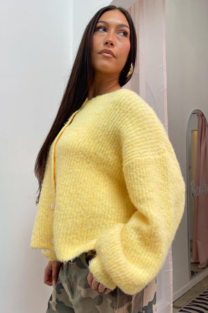 On the Regular Yellow Plush Bubble Sleeve Button Up Cardigan