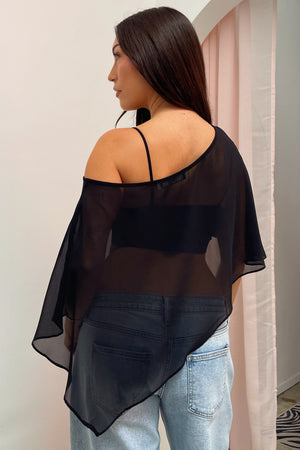 Maxine Black Sheer Chiffon Asymmetrical Poncho