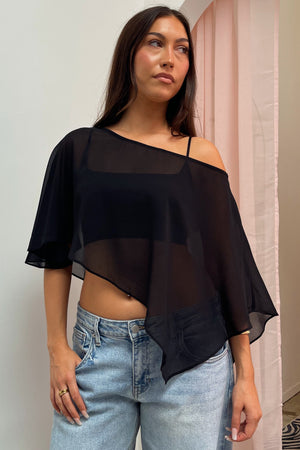 Maxine Black Sheer Chiffon Asymmetrical Poncho