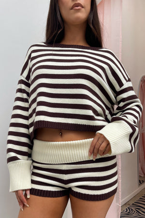 Staying In Brown and Cream Stripe Knit Foldover Shorts