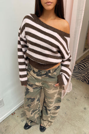 Cocoa Pink and Brown Stripe Off the Shoulder Knit Sweater