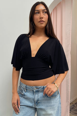 Every Single Night Black Plunge Neck Short Sleeve Top