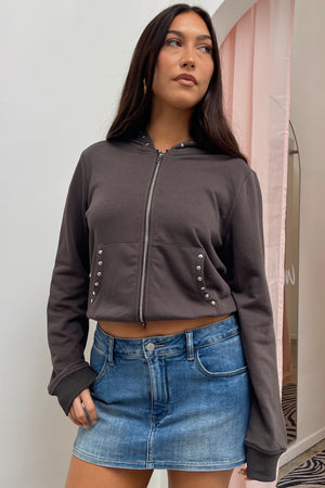 Running Late Charcoal with Silver Stud Zip Up Hoodie