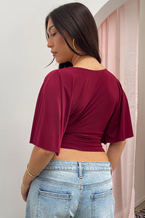 Every Single Night Burgundy Plunge Neck Short Sleeve Top