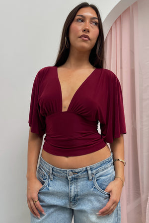Every Single Night Burgundy Plunge Neck Short Sleeve Top