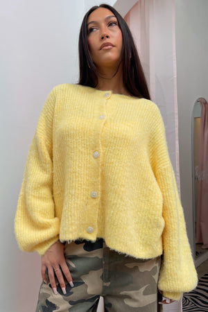 On the Regular Yellow Plush Bubble Sleeve Button Up Cardigan