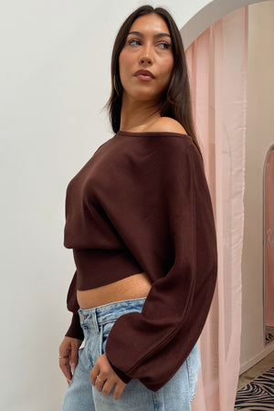Delphine Brown Off the Shoulder Sweater Top
