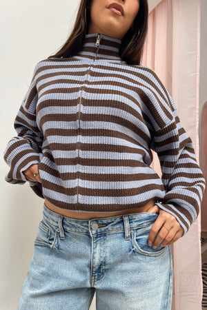 Zodiac Sign Blue and Brown Stripe Knit Zip Up Sweater