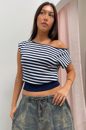 Brynn Navy and Ivory Stripe Wide Neck Top