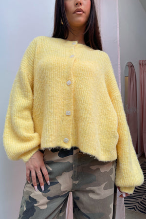 On the Regular Yellow Plush Bubble Sleeve Button Up Cardigan
