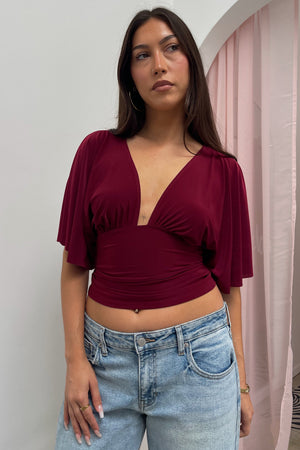 Every Single Night Burgundy Plunge Neck Short Sleeve Top