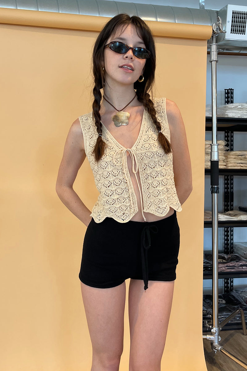 Beach Day Beige Crochet Tie Front Tank Top