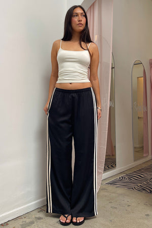 Black with Cream Side Stripe Satin Pants