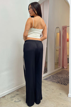 Black with Cream Side Stripe Satin Pants