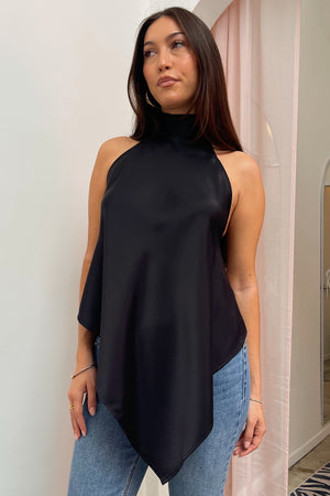 Let Go Black Halter Neck Asymmetrical Backless Tank Top