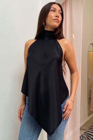 Let Go Black Halter Neck Asymmetrical Backless Tank Top