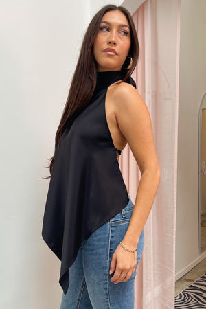 Let Go Black Halter Neck Asymmetrical Backless Tank Top