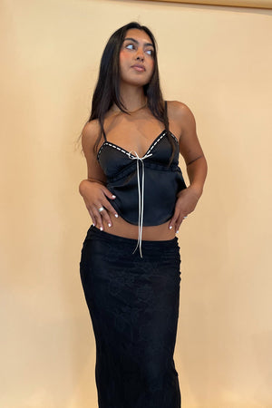 Can't Move On Black Satin with Contrast Tie Babydoll Tank