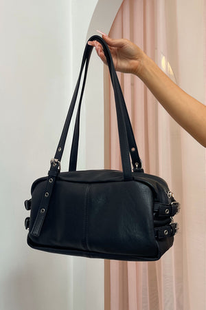 On the Go Black Faux Leather Buckle Bag
