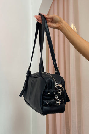 On the Go Black Faux Leather Buckle Bag