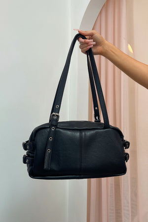 On the Go Black Faux Leather Buckle Bag